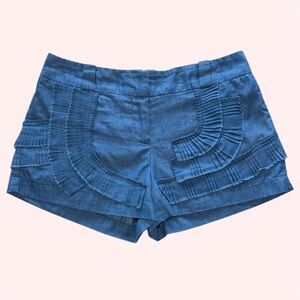 Gracia Blue Chambray Pleated Ruffle Shorts 2.5” Inseam Cotton Belt Loops Sz SM